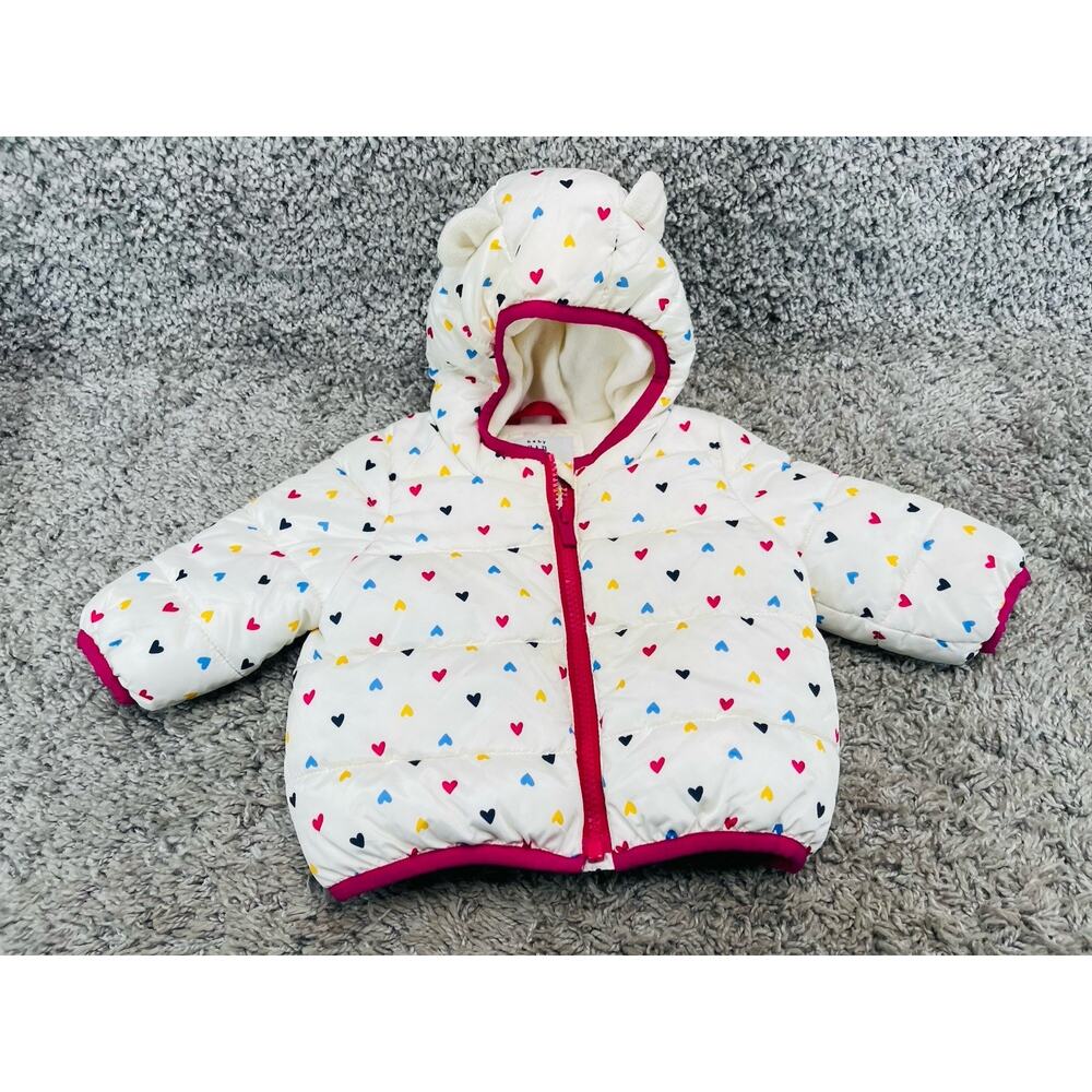 Baby Gap Girls 3-6 Months Water Resistant Heart Prints Jacket Hooded Puffer Coat